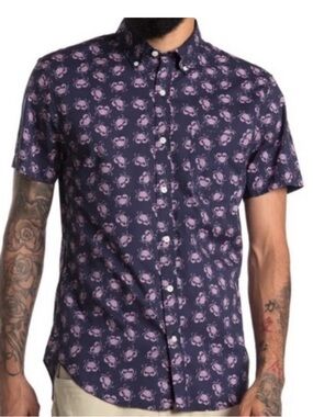 Bonobos Riviera Short Sleeve Button Down Shirt Blue Pink CRAB Print 2XL Slim men